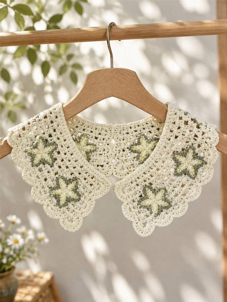 1pc Women's Handmade Crochet Star Flower Detachable Collar, Hollow Wave Edge Decorative Collar, Suitable For Shirts, Dresses, Suits - Multicolor - View 1