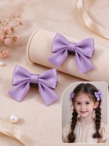 2Pcs Girls Solid Color Satin Bow Hair Clips Sweet Alligator Barrettes For Daily Party Hair Accessories - Mixed color - View 12