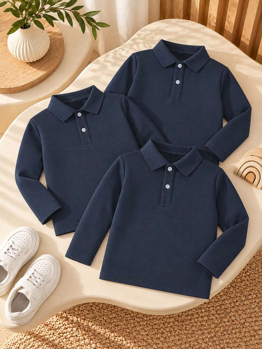 3pcs/Set Unisex Kids Classic Royal Blue Long Sleeve Polo Shirts, School Uniform Tops For Back To School, Suitable For Daily Wear, Performances And Group Activities - Royal Blue - View 1