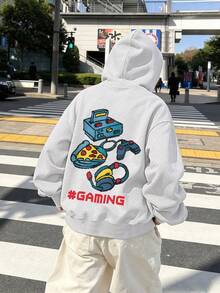 Tween Boy Hooded Sweatshirt, Pixel Game Controller Pizza #GAMING Back Print Pullover, Casual Top For Boys Spring Autumn School Wear. - Light Grey - View 1