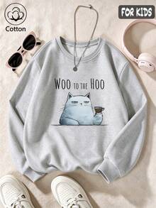 Cotton Girls' Crewneck Pullover Sweatshirt, Loose Fit For Autumn And Winter, With WOO TO THE HOO Text And Cat Print, Cute Sweet Girly Preppy Style - Heather Gray - View 2