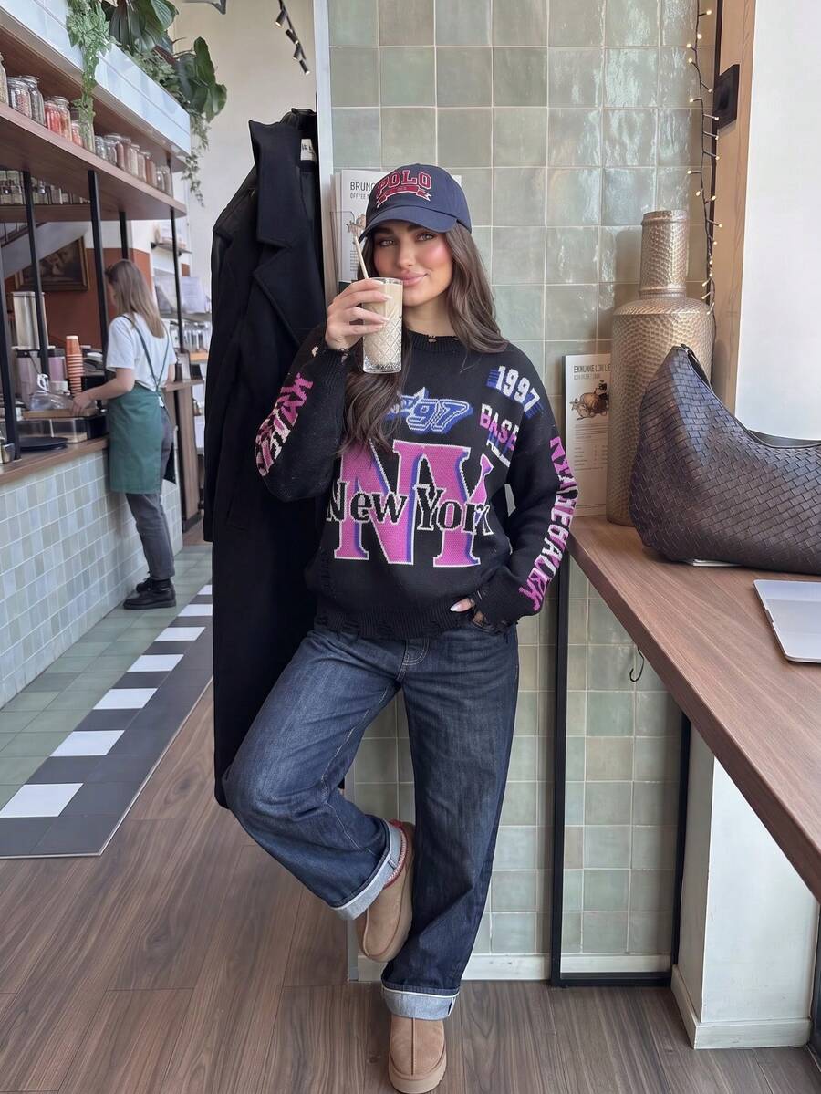 JustMiss Casual Street Style Letter Pattern Knit Sweater, Long Sleeve Pullover Top Suitable For Autumn/Winter - Black - View 1