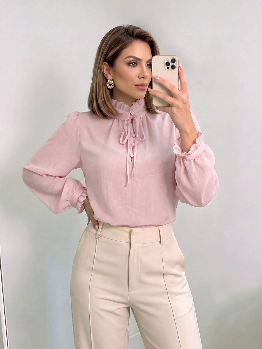 ANCHOSE Women's Autumn Light Pink Ruffle Tie Neck Chiffon Blouse, Puff Long Sleeve Pleated Elegant Commuter Top - Pink - View 1