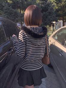 Women's Striped Fur Collar Hooded Zip-Up Cardigan Sweater Jacket, Retro Colorblock, Autumn/Winter - Black and Gray - View 5
