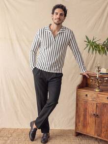 glestore Men's Retro Style, Vintage-Inspired, Black-And-White Striped, Collared Long-Sleeve Shirt-A Versatile Casual Option For All Seasons - Black and White - View 5