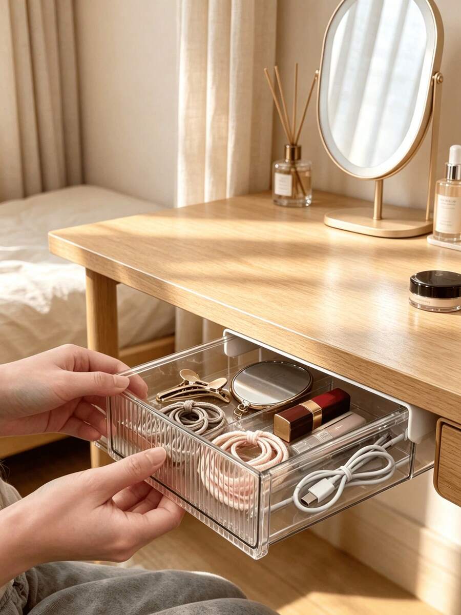 No-Drill Adhesive Under-Desk Transparent Drawer Storage Box, Hidden Hanging Bottom Organizer For Desk, Multi-Function Invisible Storage Box For Student Stationery, Office Supplies And Cosmetics