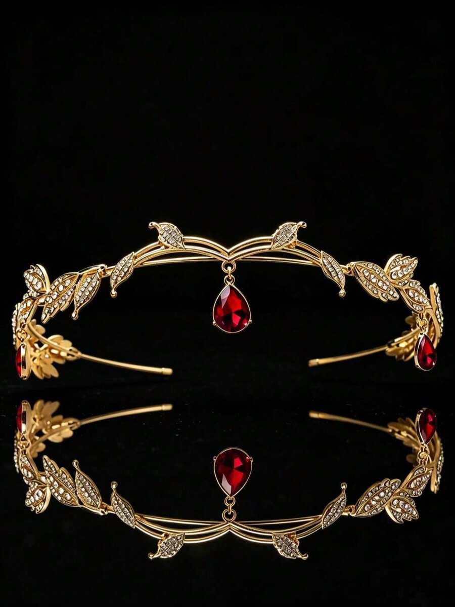 1 chiếc vương miện đính đá rhinestone màu vàng, phụ kiện cài trán hình giọt nước phong cách rừng xanh, tiara công chúa cho sinh nhật, phụ kiện đám cưới - Đỏ - Xem 1