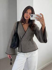 Women's Vintage Asymmetric Cardigan Sweater, Elegant V-Neck Front Button Cinched Waist Knit Top, Long Sleeve Fashion Jacket For Autumn/Winter Weekend Date Outfit - Flower Coffee - View 7