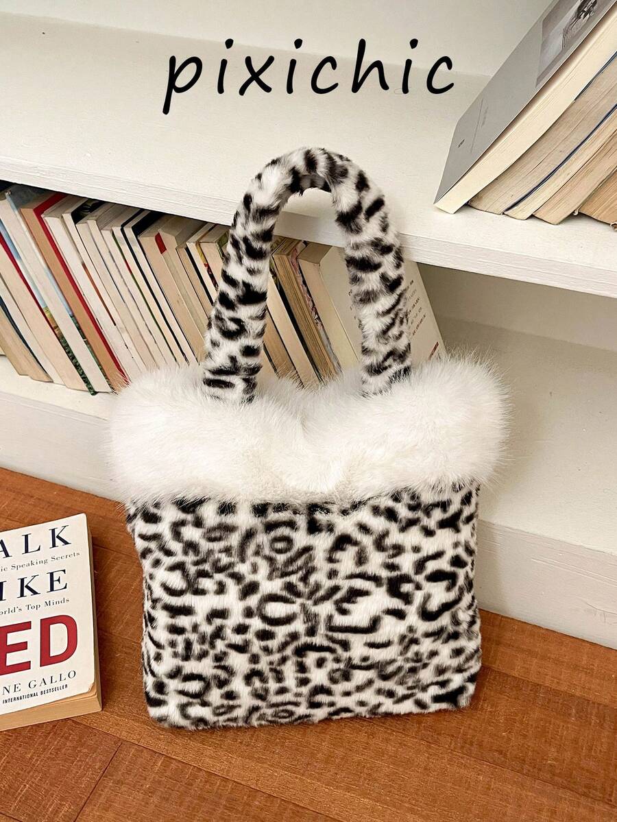 Girl's Classic Leopard Print Handbag With Soft Faux Fur Trim, Spacious Interior For Daily Essentials, Convenient Carrying, Sweet & Cool Retro Style Tote Bag, Suitable For Daily Commute, Weekend Outings, Party Outfits, Fashionable And Eye-Catching, Versatile For Multiple Occasions - White - View 1