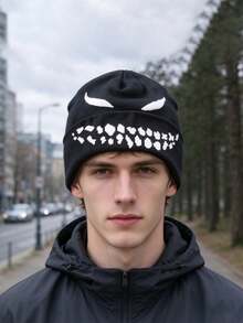 1pc Unisex Snarling Pattern Jacquard Reversible Knit Beanie Hat, Outdoor Casual Comfortable Hip-Hop Style Cold Weather Cap, Cycling Hat, Camping Hiking Windproof Warm - Reversible Grinning Knit Hat - View 4