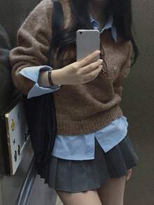 女款 2 合 1 拼接休閒日常長袖針織衫 - 咖色 - 查看 6