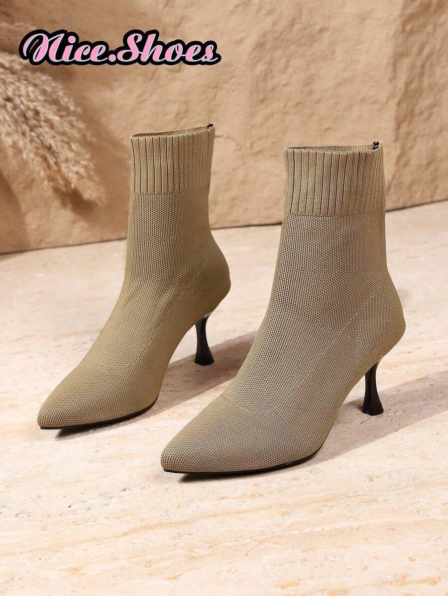 New Women's Pointed Toe Mid-Calf Sock Boots, Slim Fit Elastic Stiletto High Heel Boots, Fashionable Elegant Comfortable Slimming Boots - Khaki - View 1