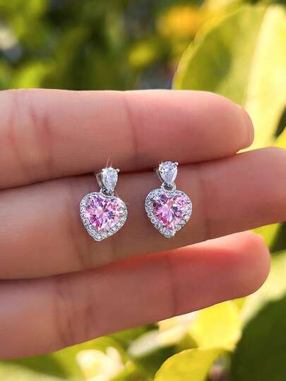 1 Pair Women Cute Pink Heart CZ Dangle Sterling Silver Earrings 925 ...