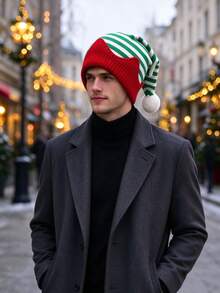 6pcs,Christmas Elf Knitted Hat, Red Green White Striped Elf Hat With Pom Pom Ball, Festive Holiday Costume Accessory For Xmas Party - Multicolor - View 2