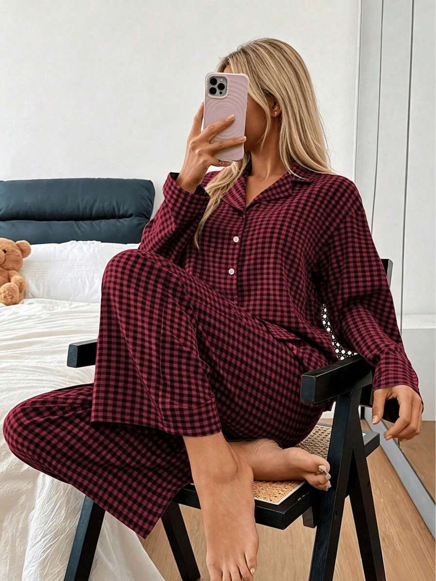 Nina Bonheur 2件組女款格紋鈕扣長袖睡衣上衣 + 直筒彈性腰長褲家居服套裝