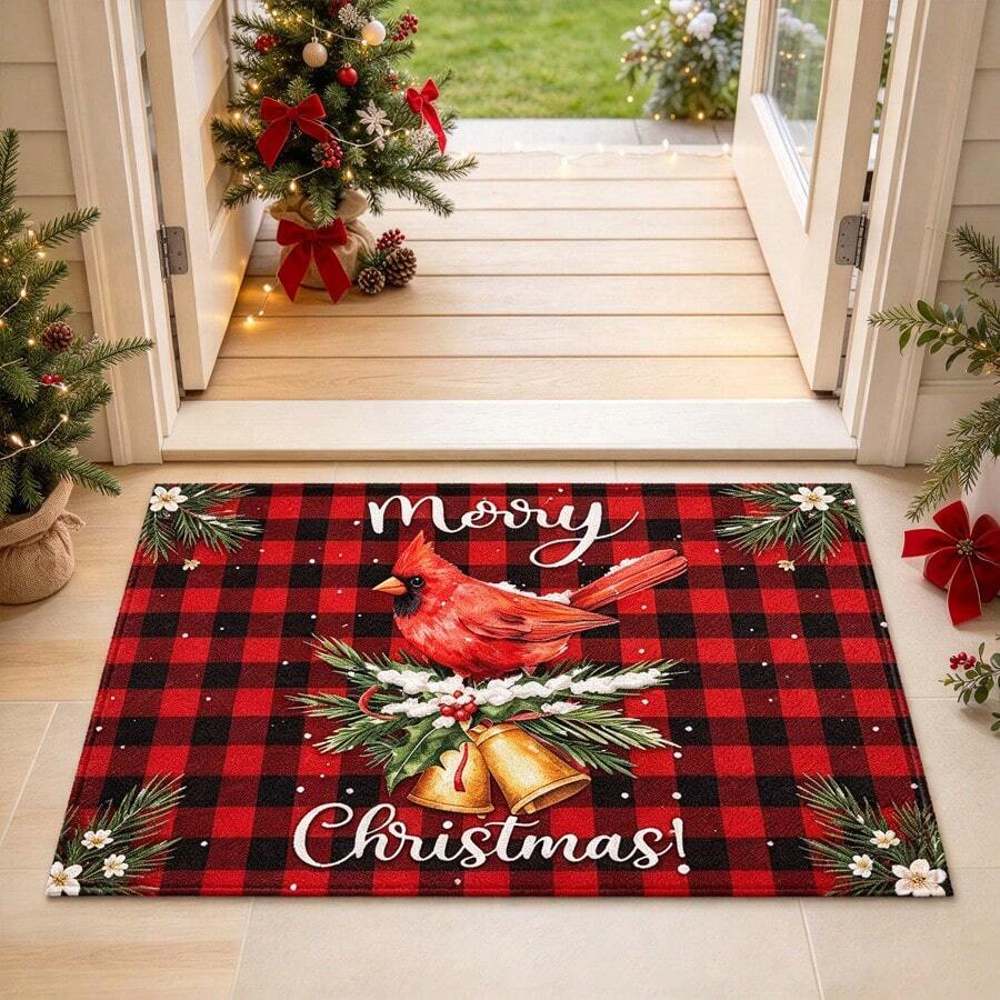 1pc Kitchen Floor Mat, Soft Faux Cashmere Material, Christmas Plaid Red & Black With Bird, Bell & Pine Branch Design, Non-Slip Mat For Kitchen, Bathroom, Entryway, Room Decor, Holiday Gift - Multicolor - View 1