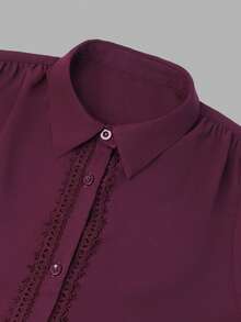 Fall Vintage Wine Red Collared Long Sleeve Shirt For Women, Front Hollow Embroidery, Puff Sleeve Smocked Ruffle Cuff, Elegant Work Party Blouse - Purple - View 5