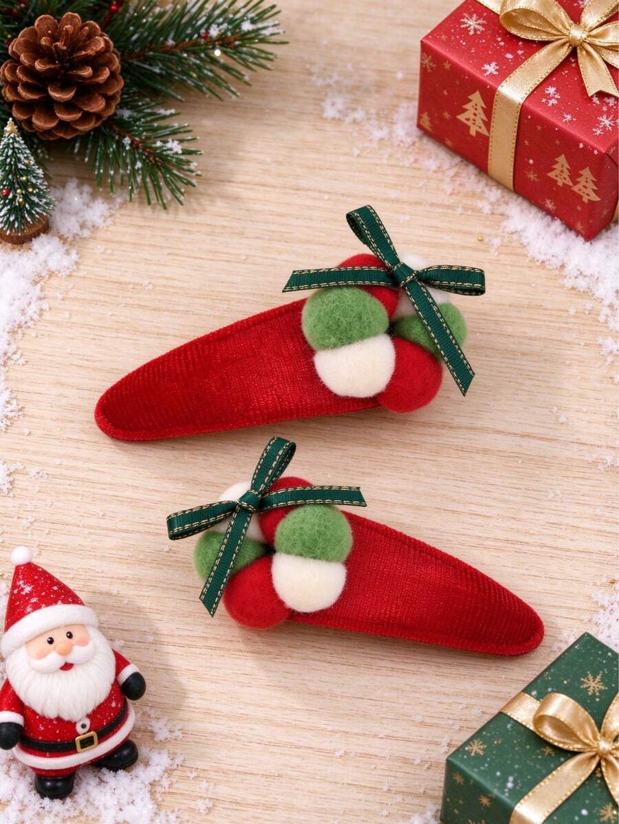 2pcs Christmas Velvet Ball Ribbon Bow Hair Clips, Red Cute Sweet Alligator Clips For Girls, Autumn/Winter Holiday Daily Hair Accessories, Children's Hair Clips - Multicolor - View 1