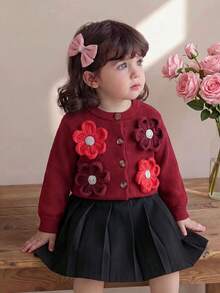 Baby Girl Spring/Autumn Fashion 2-Piece Set, Burgundy 3D Crochet Button Cardigan Knit Jacket + Black Pleated Skirt Outfit - Burgundy - View 2