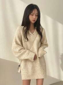 韓系時尚慵懶百搭V領中長版套頭針織毛衣上衣女款 - 杏色 - 查看 1