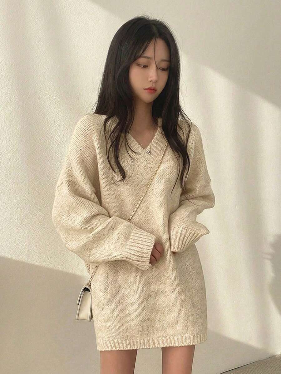 韓系時尚慵懶百搭V領中長版套頭針織毛衣上衣女款 - 杏色 - 查看 1