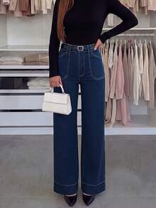Cross-Border European And American Women's All-Season Commute Versatile Solid Color Slim Straight Leg Jeans; Patch Pocket Straight Leg Pants, Fashion Casual - Deep Blue - View 4
