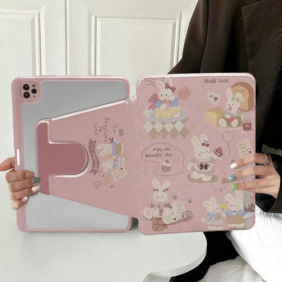 1pc 360° Rotating Book-Style Protective Case With Pen Slot, Featuring Cute Cartoon Pattern Design. Compatible With 10.9/Air4/5/6/10.2/10th/Pro11 2024/9.7/10.5 Inch Tablets, Also Compatible With S7/S8/S9/S6/S7+/S8+/S7FE/A11+/A8/A9/X8A/S10+ Phones. Perfect As A Spring Gift Or Birthday Present.