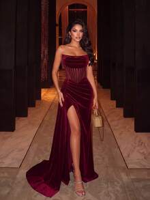 ADYCE Elegant Strapless Cinched Waist Backless Tie Velvet High Slit Fishbone Train Evening Gown, Suitable For Homecoming, Wedding Guest, Dinner Party, Christmas (Gloves Not Included) - Burgundy - View 5