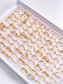 Set Cincin Tumpuk Warna Emas 20/30 Buah untuk Wanita, Berbagai Desain Cincin Jari Bertatahkan Hati, Bulan, Mutiara, dan Berlian Imitasi, Perhiasan Pesta Sehari-hari Gaya Vintage Boho, Hadiah - HJJZ-013 - View 7