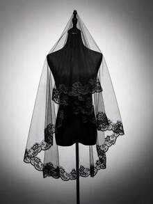 1pc Black Lace Trim Veil, Halloween Ghost Bride Black Wedding Veil, Suitable For Party And Halloween Wear - Black - View 6
