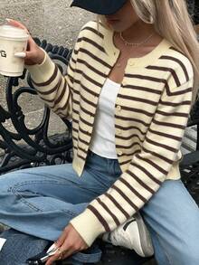 Women's Preppy Style Knitted Cardigan Sweater, Vintage Striped Short V-Neck Fuzzy Button Long Sleeve Winter - Multicolor - View 3
