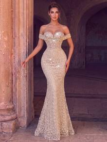 Haute Glamour Women's Luxury Sequin & Beaded Mermaid Evening Gown, Cold Shoulder Ruffle Design, Slim Fit, Mermaid Hem, Suitable For Weddings - Champagne - View 2