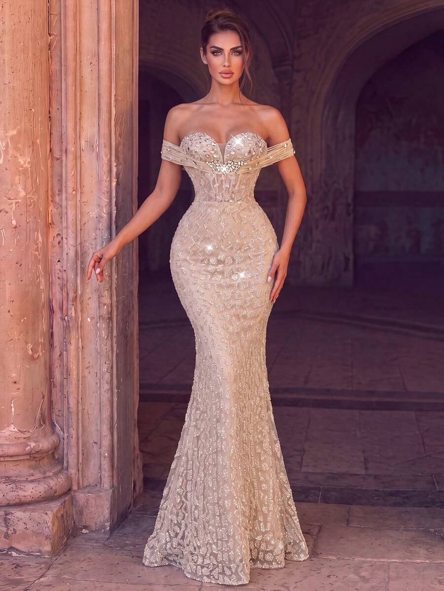 Haute Glamour Women's Luxury Sequin & Beaded Mermaid Evening Gown, Cold Shoulder Ruffle Design, Slim Fit, Mermaid Hem, Suitable For Weddings