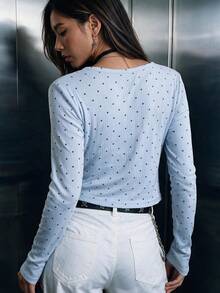 Women's Casual Faux Sweater Jacquard Polka Dot Button Front Cropped Long Sleeve Tops For Daily Wear,Winter Fall Outfit,Winter Fall Clothes - Baby Blue - View 7