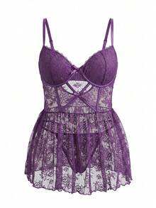 DITZN Plus-Size Women's Lingerie, Lace Cutout Design, Plus-Size Sexy Lingerie - Purple - View 8