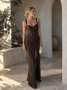 HOTTIE HABIT Women's Brown 2 Pieces Swimsuit Set, Beaded Spaghetti Strap One-Piece Swimsuit With Twisted Wrap Long Cover-Up Skirt, Suitable For Summer Beach Pool Vacation - Khaki - View 1