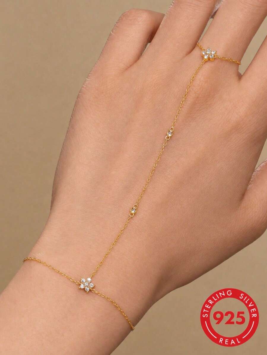 1件 925純銀花瓣鋯石手指鏈手鍊,低過敏戒指手鍊女款飾品,適合日常配戴、度假、派對、節日禮物 - 金色 - 查看 1