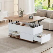 *98*65cm Coffee Table Height Adjustable Coffee Table With Hidden Storage And Shelf, Living Room Table With Wheels And Drawers, Multifunctional Dining Table With Large Storage, White + Natural Woodfa - 1 - View 3