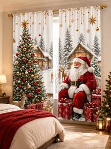 2 rèm cửa in họa tiết Giáng Sinh ông già Noel, rừng mùa đông và cabin tuyết, vải voan mỏng ấm cúng, trang trí cửa sổ phòng khách và phòng ngủ, dạng luồn thanh treo, không kèm thanh treo, giặt máy được - Ông già Noel - Xem 1