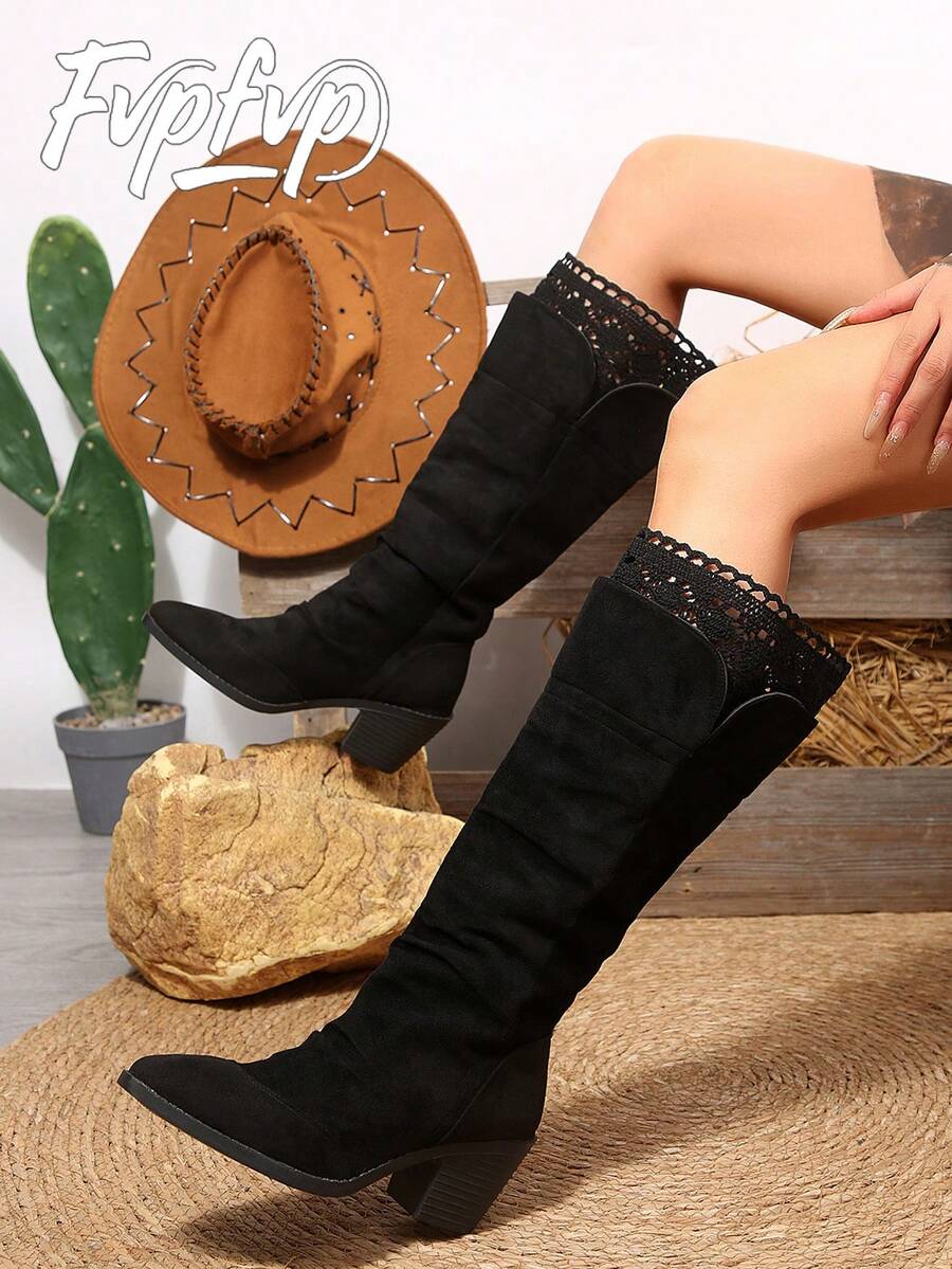 FVPFVP Wasteland Style Lace Suede Slim Boots Women's Boots 2026 Autumn/Winter Inner Height Increase Tall Boots Western Cowboy Slouch Boots - Black - View 1