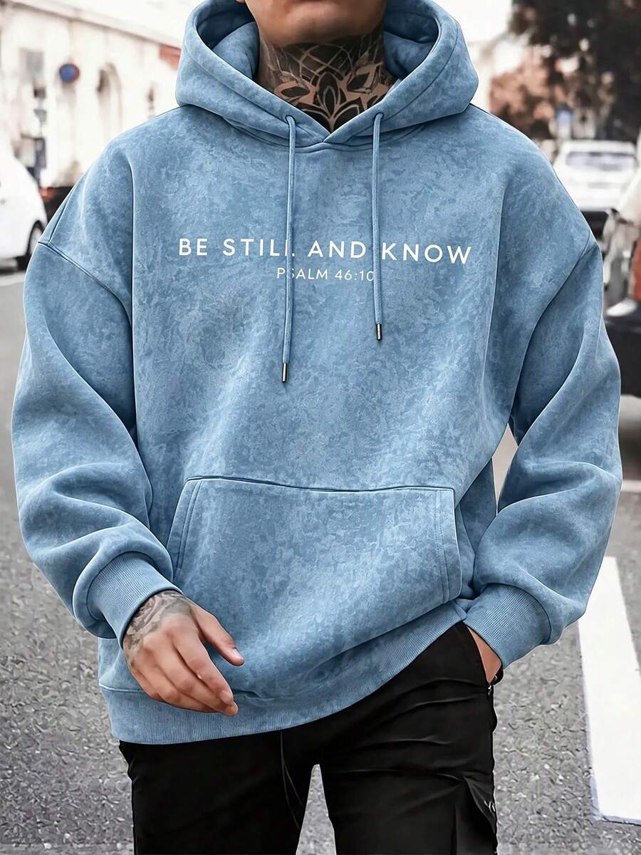 Men's Light Blue Washed Distressed Scripture Print Hoodie, Casual Comfortable Daily Outdoor Wear - Baby Blue - View 1