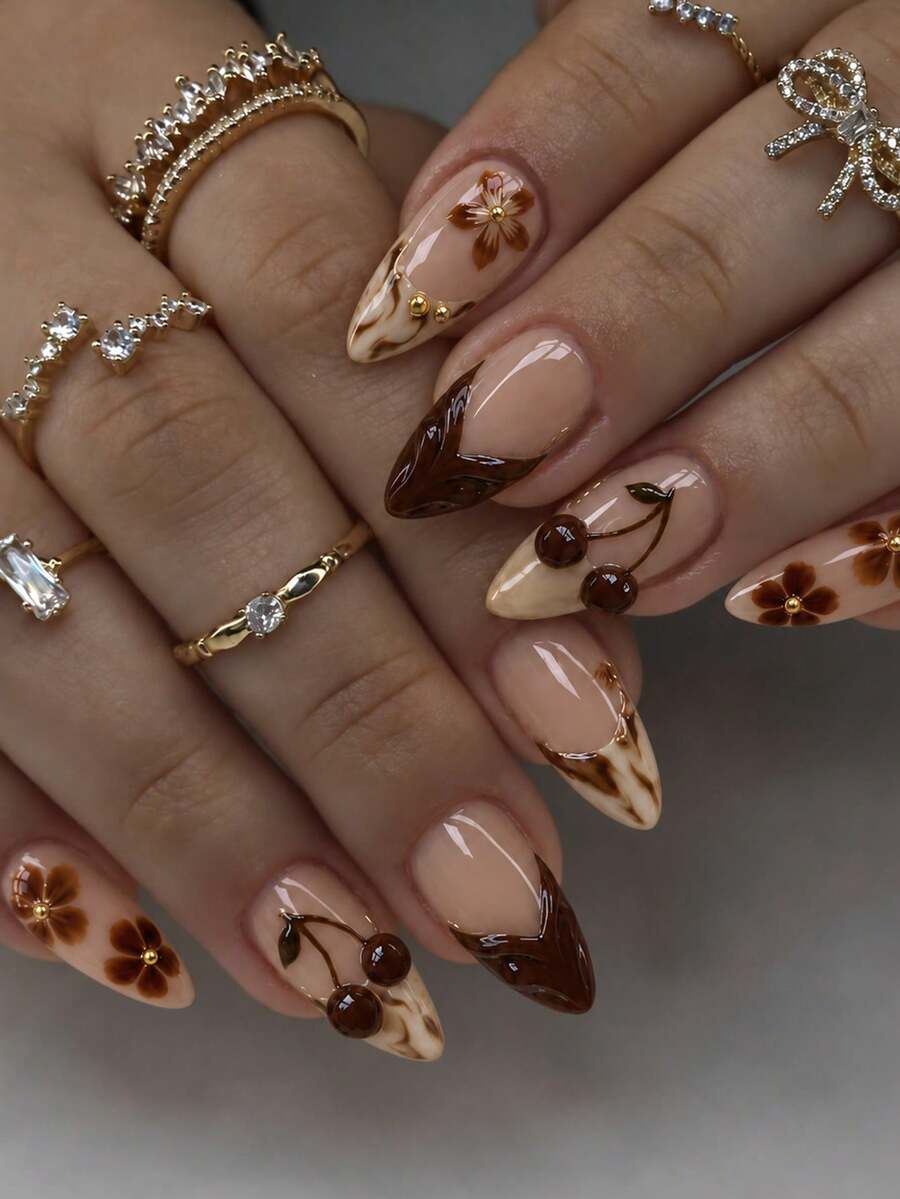 Autumn Brown Nail Tips, 10Pcs Medium Almond-Shaped French Flower Press ...
