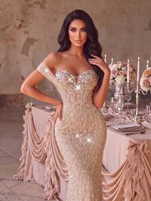 Haute Glamour Women's Luxury Sequin & Beaded Mermaid Evening Gown, Cold Shoulder Ruffle Design, Slim Fit, Mermaid Hem, Suitable For Weddings - Champagne - View 4
