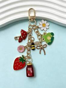 Cute Cartoon Fruit & Animal Keychain, Strawberry Cherry Mushroom Frog Bee Daisy Bow Enamel Pendant, Sweet Girl Alloy Bag Charm - Multicolor - View 7