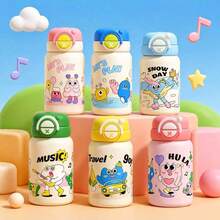 QWE Portable Insulated Water Bottle 550ML 304 Stainless Steel Body 316 Inner Liner PP Lid Silicone Straw Cartoon Pattern - Baby Blue - View 1