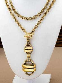 1pc European And American Vintage Burnished Gold Multi-Layer Ring Pendant Necklace, Luxury OT Clasp Twisted Chain Long Versatile Fashion Necklace - Bronze - View 4