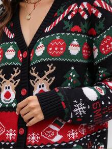 Women's Casual Loose Fit Deer Print Long Sleeve Cardigan, Autumn/Winter - Multicolor - View 4