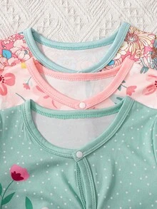 3pcs/Set Baby Girl Comfortable Cute Printed Crew Neck Long Sleeve Jumpsuit Set, Spring/Autumn - Multicolor - View 3
