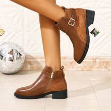 Women's Metal Buckle Side Zipper Round Toe Chunky Heel Brown Ankle Boots, Autumn/Winter - Brown - View 6
