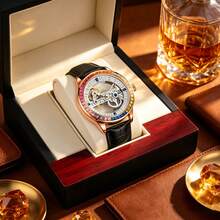 1pc Men's Automatic Mechanical Watch, Full Skeleton Hollow Dial, Rainbow Rhinestone Bezel, Black Embossed PU Leather Strap,Luxury Business Wrist Watch - Black - View 4